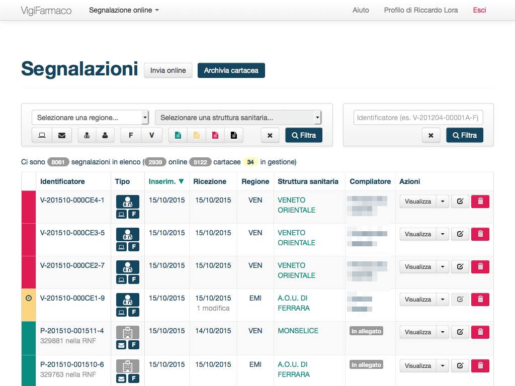 Schermata relativa alla gestione delle segnalazioni