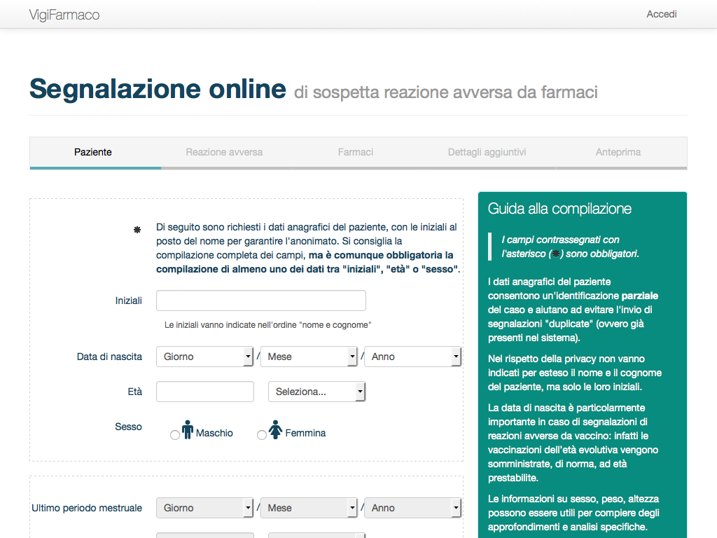 Schermata relativa alla compilazione di una segnalazione